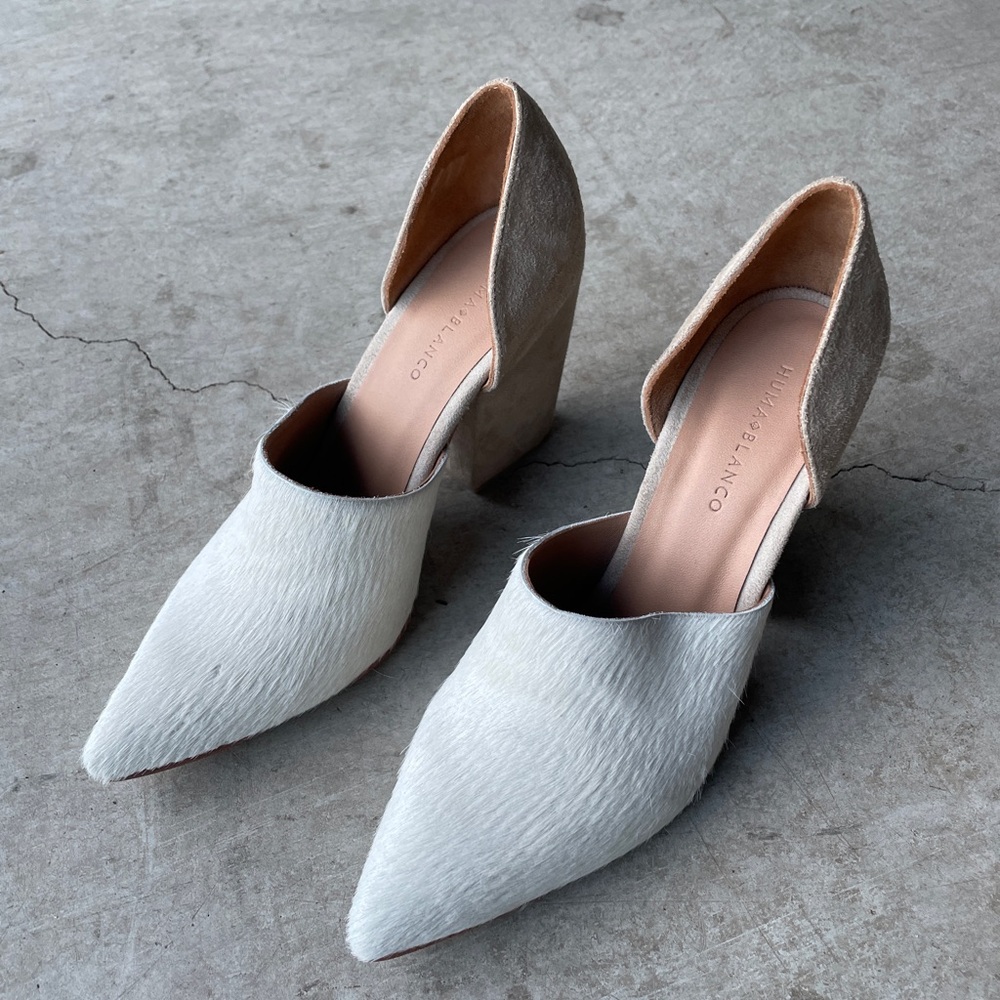 White and Taupe Pointed Block Heel D'Orsay Pumps